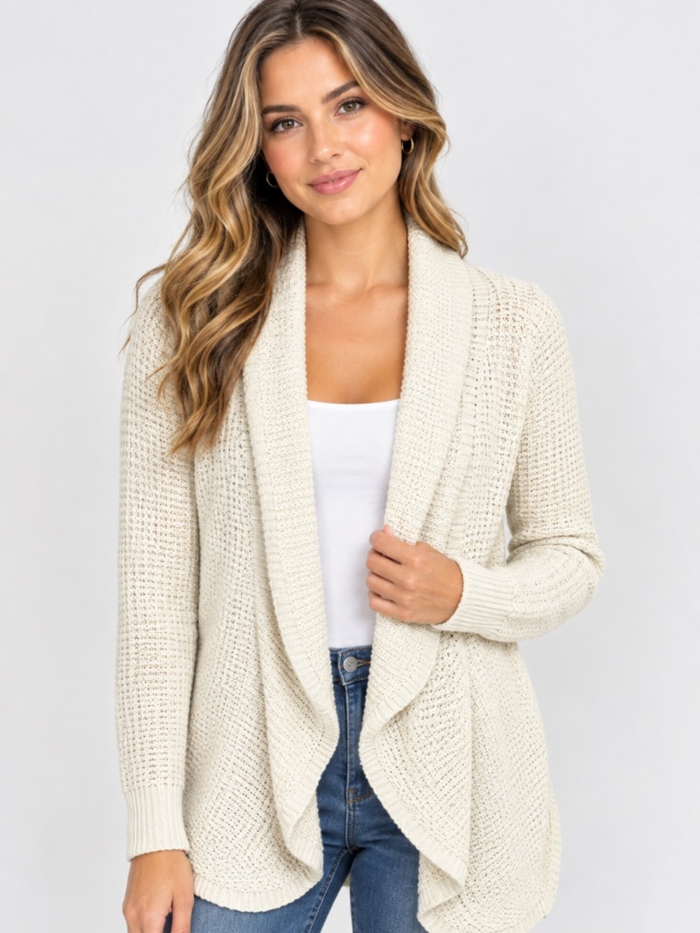 Market & Spruce Cream Open Front Shawl Collar Knit Cardigan Sweater